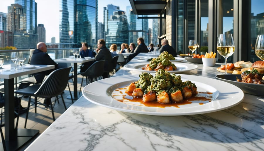 A trendy Toronto restaurant patio serving beautifully presented THCA-infused dishes amidst the city's bustling skyline, capturing the lively and innovative dining scene.