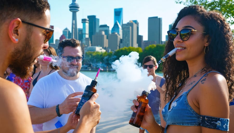 People vaping in a scenic Toronto outdoor venue with the skyline visible